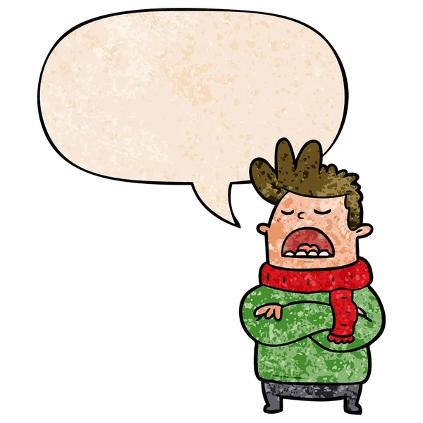 Cartoon obnoxious man in winter clothes and speech bubble in ret — Stock Vector