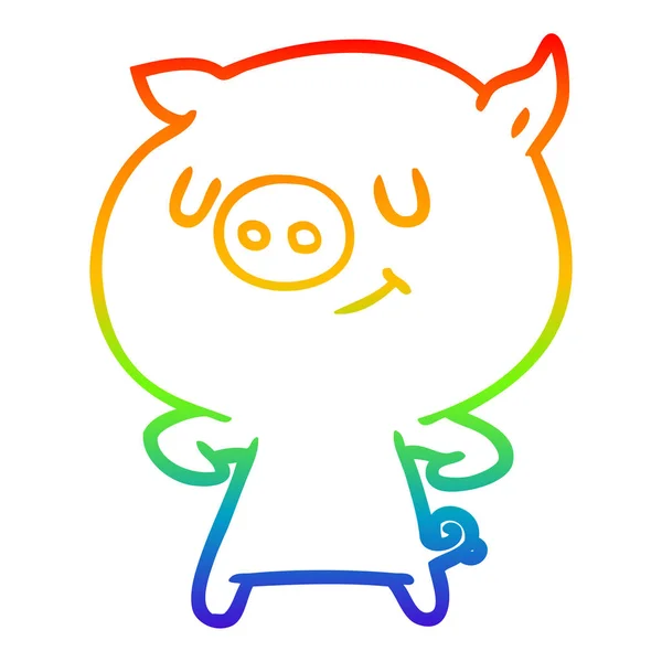 Gradient kreskówka linia rysunek szczęśliwy tęcza świnia — Wektor stockowy