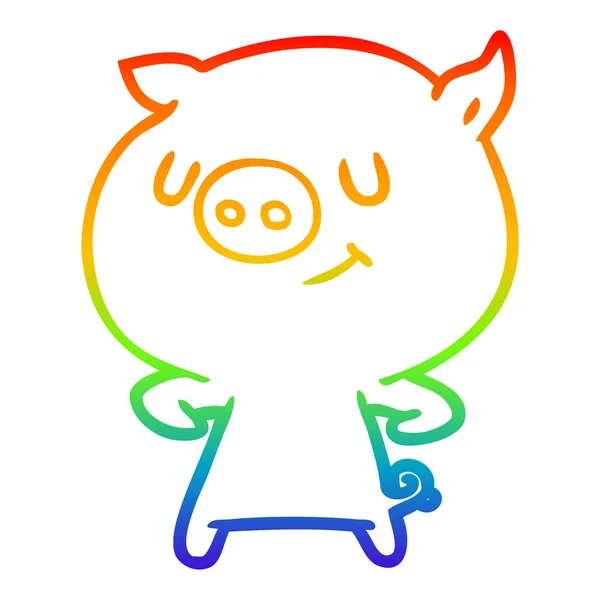 Rainbow gradient ligne dessin heureux dessin animé cochon — Image vectorielle