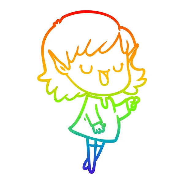 Rainbow gradient line drawing cartoon elf girl — Stock Vector