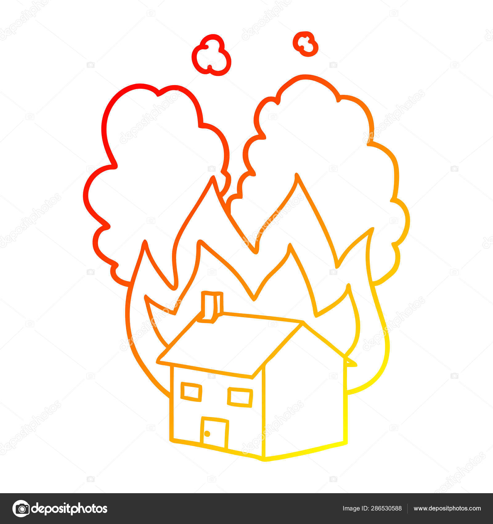 Warme Gradientlinie Zeichnung Cartoon Brennende Haus Stockvektor