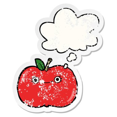 sevimli karikatür elma ve sıkıntılı bir yıpranmış sopa olarak kabarcık düşünce