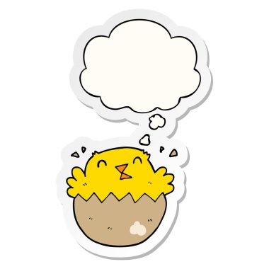 karikatür kuluçka civciv ve baskılı bir etiket olarak kabarcık düşünce