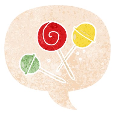 retro dokulu tarzda karikatür lolipop ve konuşma balonu