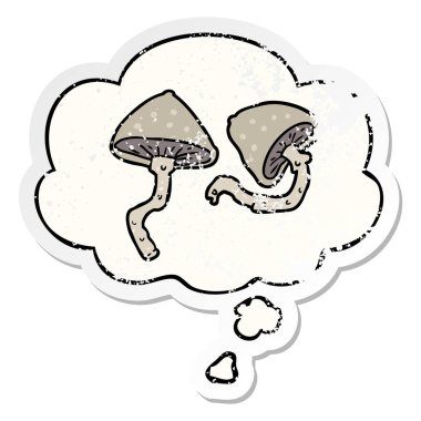 karikatür mantar ve sıkıntılı yıpranmış sticke olarak kabarcık düşünce