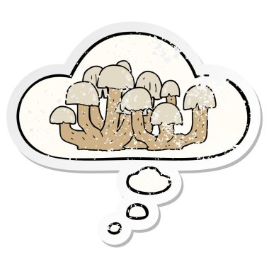 karikatür mantar ve sıkıntılı yıpranmış etiket olarak kabarcık düşünce