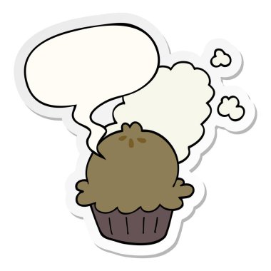 sevimli karikatür pasta ve konuşma kabarcık etiket