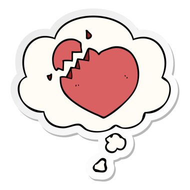 karikatür kırık kalp ve baskılı bir etiket olarak kabarcık düşünce