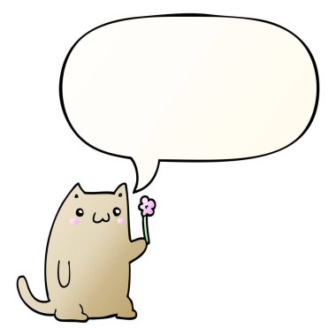 sevimli karikatür kedi ve çiçek ve konuşma balonu pürüzsüz degrade