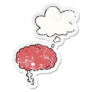 bir sıkıntılı yıpranmış etiket olarak karikatür beyin ve düşünce balonu