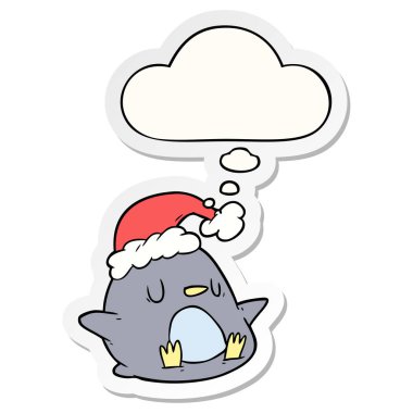 sevimli karikatür penguen ve basılı bir etiket olarak kabarcık düşünce