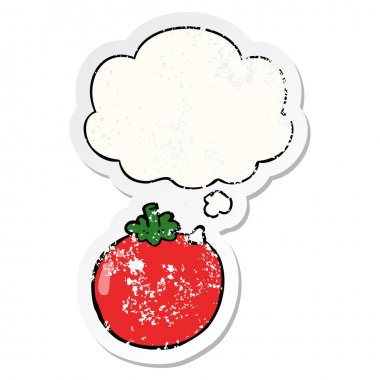 karikatür domates ve sıkıntılı yıpranmış etiket olarak kabarcık düşünce