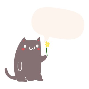 retro tarzında sevimli karikatür kedi ve konuşma balonu