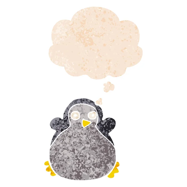 Retro dokulu tarzında karikatür penguen ve düşünce balonu — Stok Vektör