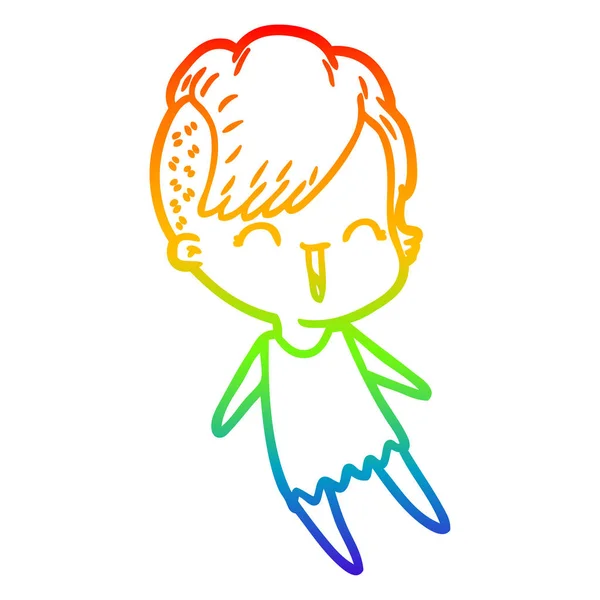 Arco-íris linha gradiente desenho desenho animado feliz hipster menina — Vetor de Stock