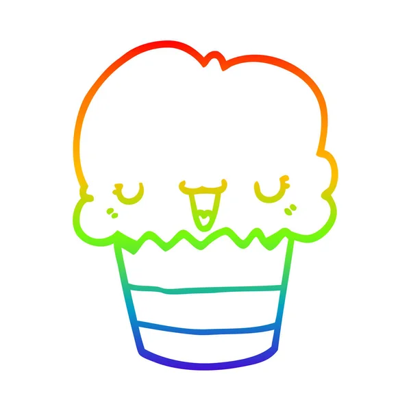 Regenbogen-Gradienten-Linie Zeichnung Cartoon-Cupcake mit Gesicht — Stockvektor