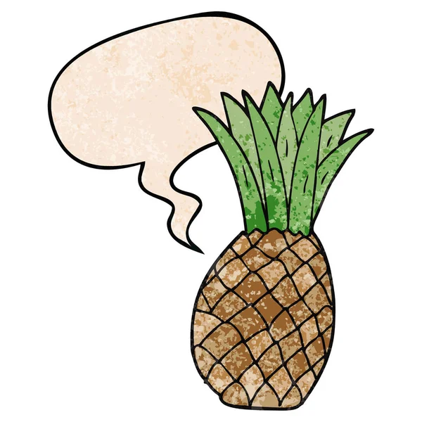Tecknad ananas och pratbubbla i retro textur stil — Stock vektor