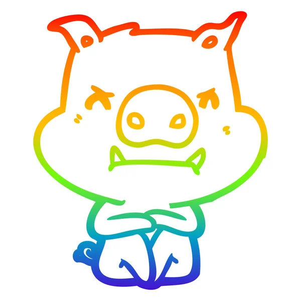 彩虹渐变线绘制愤怒的卡通猪 — 图库矢量图片