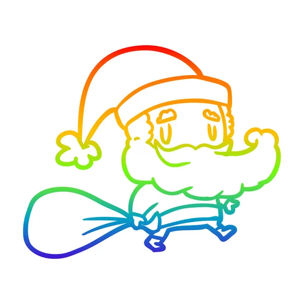 Rainbow Gradient Line Zeichnung Weihnachtsmann trägt Sack mit Präse — Stockvektor