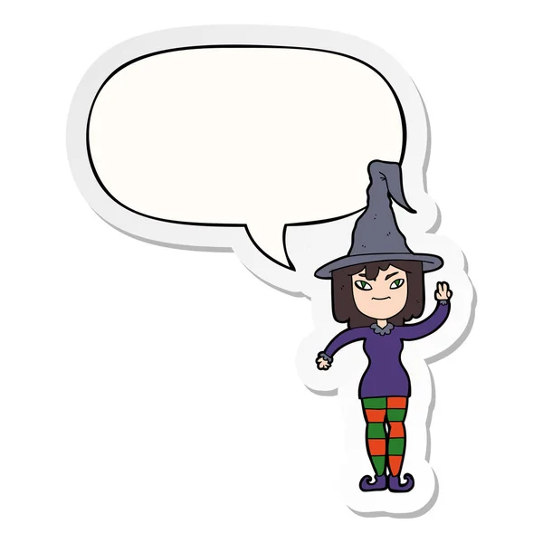 Cartoon witch and speech bubble sticker — Stock Vector