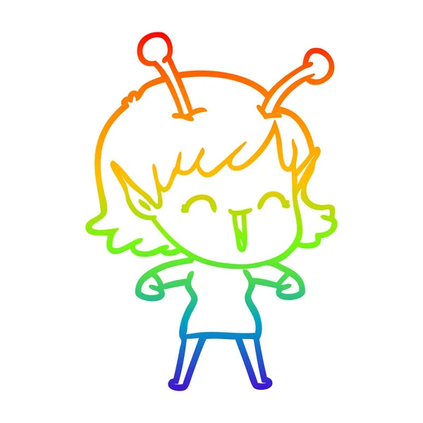 Linea gradiente arcobaleno disegno cartone animato ragazza aliena ridere — Vettoriale Stock