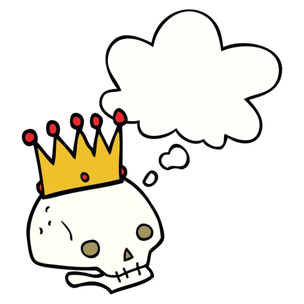 Crâne de dessin animé avec couronne et bulle de pensée — Image vectorielle