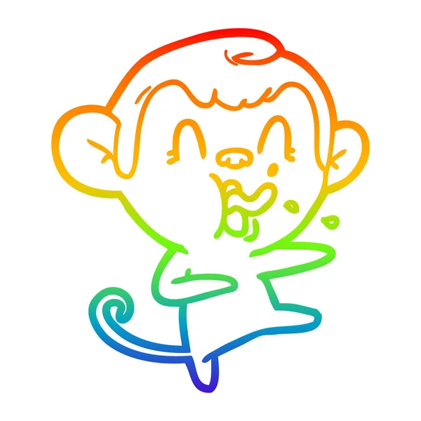Rainbow gradient line drawing crazy cartoon monkey dancing — Stock Vector