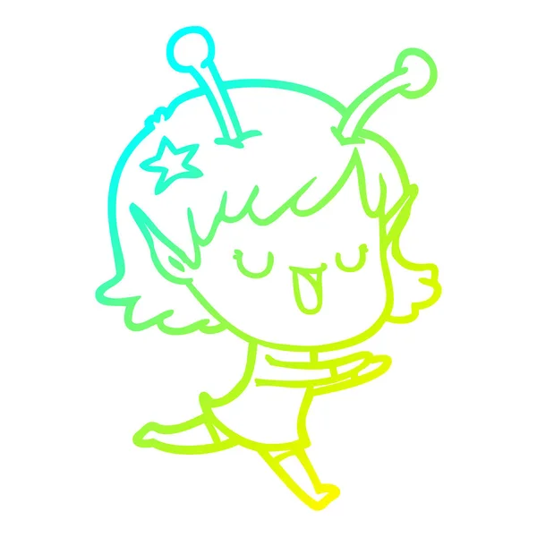 Linha gradiente frio desenho animado menina alienígena feliz — Vetor de Stock