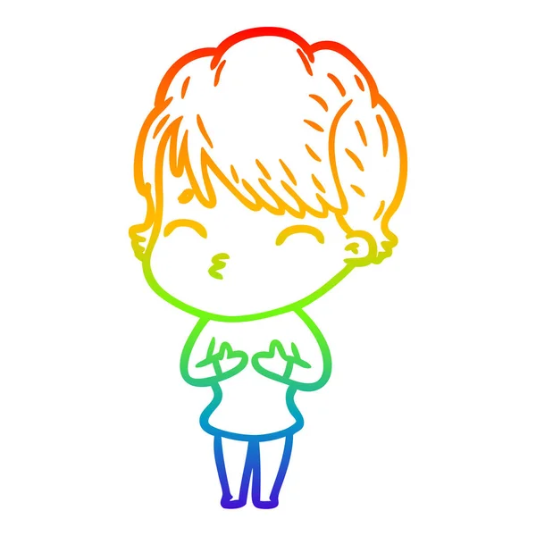 Rainbow gradient line drawing cartoon woman thinking — Stock Vector