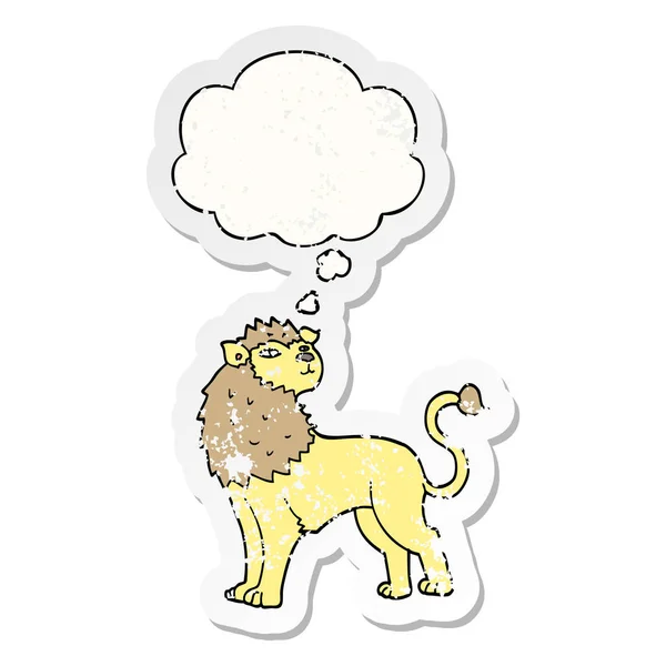 Karikatür aslan ve sıkıntılı yıpranmış etiket olarak kabarcık düşünce — Stok Vektör