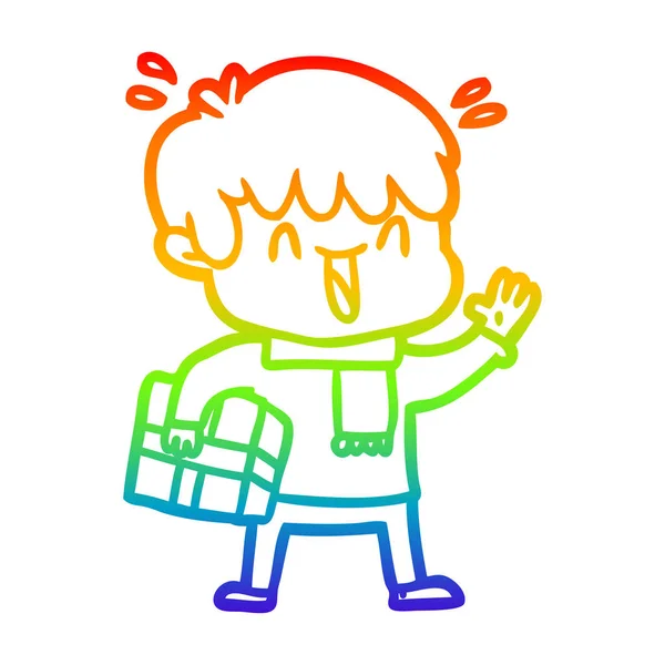 Rainbow gradient line drawing cartoon laughing boy — Stock Vector