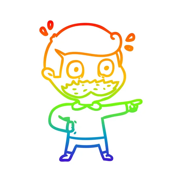 Arco iris gradiente línea dibujo dibujos animados hombre con bigote impactado — Vector de stock