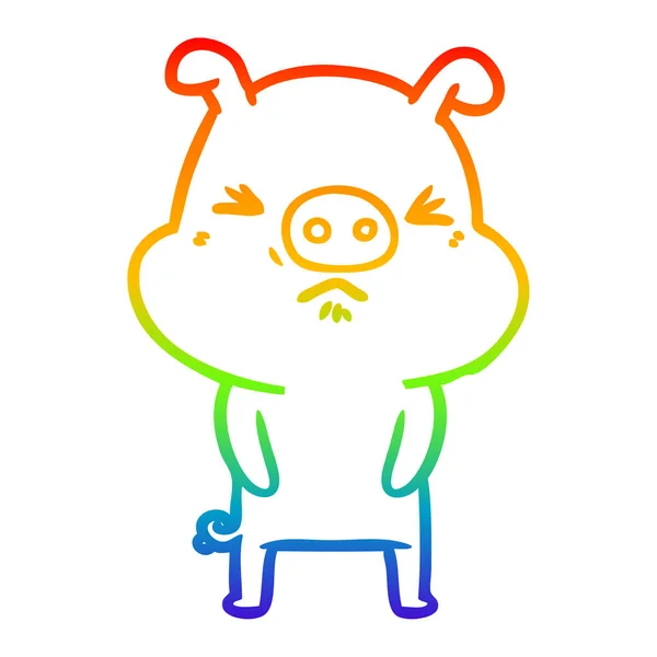 Rainbow gradient line drawing cartoon grumpy pig — Stock Vector