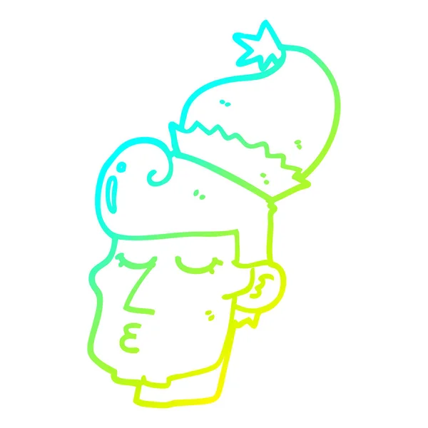 Froid dégradé ligne dessin dessin animé homme portant chapeau de Noël — Image vectorielle