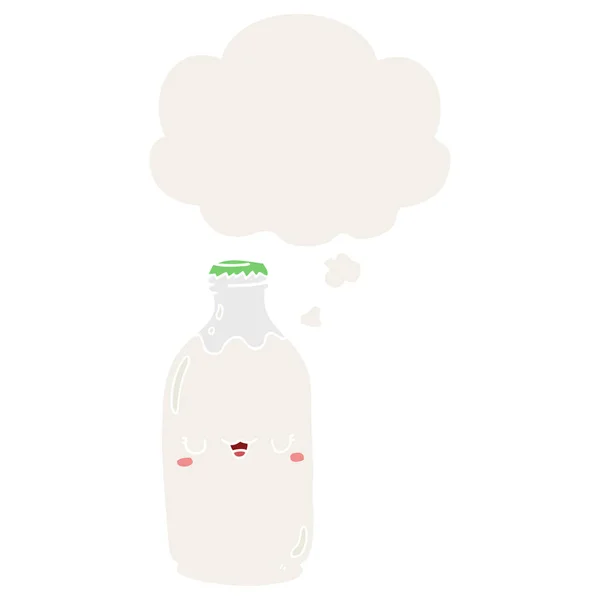 Carino cartone animato bottiglia di latte e bolla di pensiero in stile retrò — Vettoriale Stock