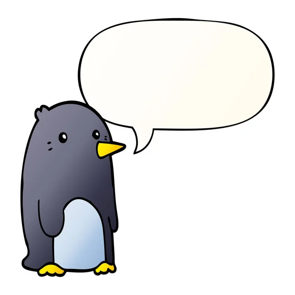 Pingüino de dibujos animados y burbuja del habla en estilo gradiente suave — Vector de stock