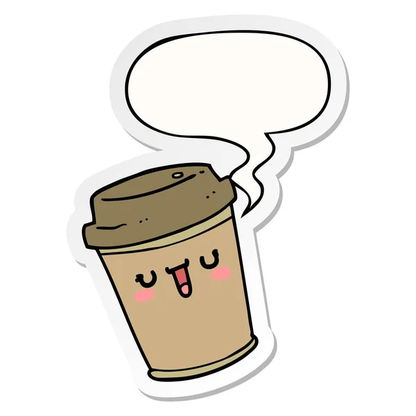 Cartoon take out koffie en toespraak bubble sticker — Stockvector