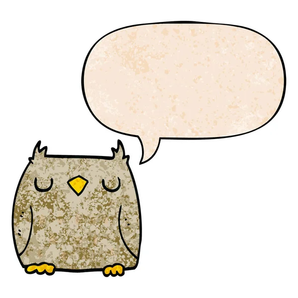 Leuke cartoon Owl en toespraak bubble in retro textuur stijl — Stockvector