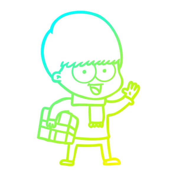 Frío gradiente línea dibujo feliz dibujos animados chico con presente — Vector de stock