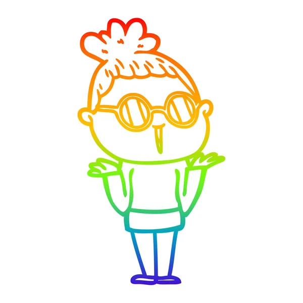 Rainbow gradient line drawing cartoon shrugging woman wearing sp — Stock Vector