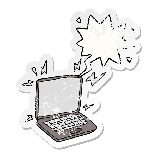 Cartoon laptop computer en toespraak bubble verdrietig sticker — Stockvector