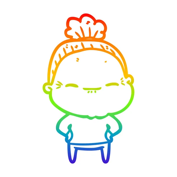 Rainbow gradient line drawing cartoon peaceful old woman — Stock Vector