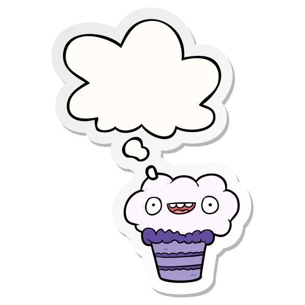 Cupcake dessin animé et bulle de pensée comme un autocollant imprimé — Image vectorielle