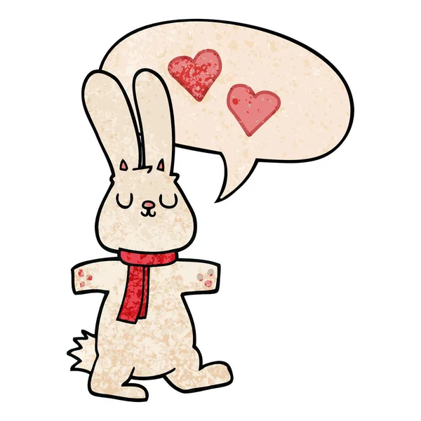 Conejo de dibujos animados en el amor y el habla burbuja en estilo de textura retro — Archivo Imágenes Vectoriales