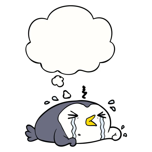 Cartoon crying penguin and thought bubble — Stock Vector