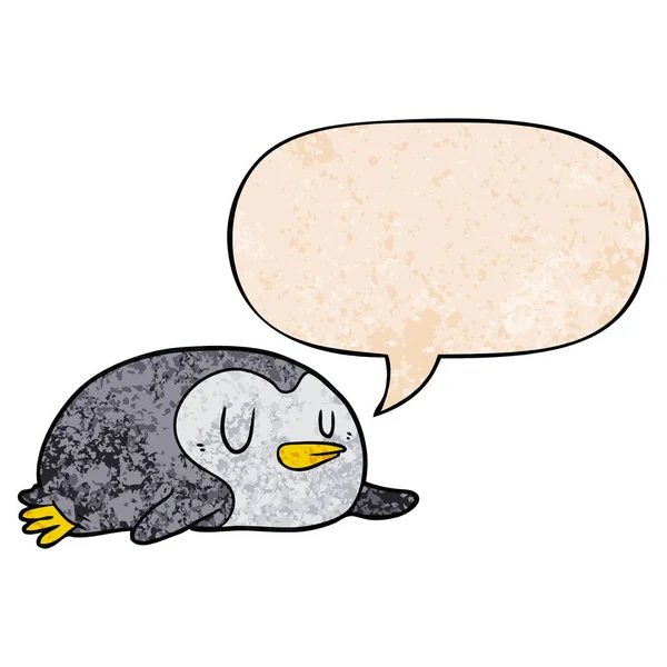 Pingüino de dibujos animados y burbuja del habla en estilo de textura retro — Archivo Imágenes Vectoriales