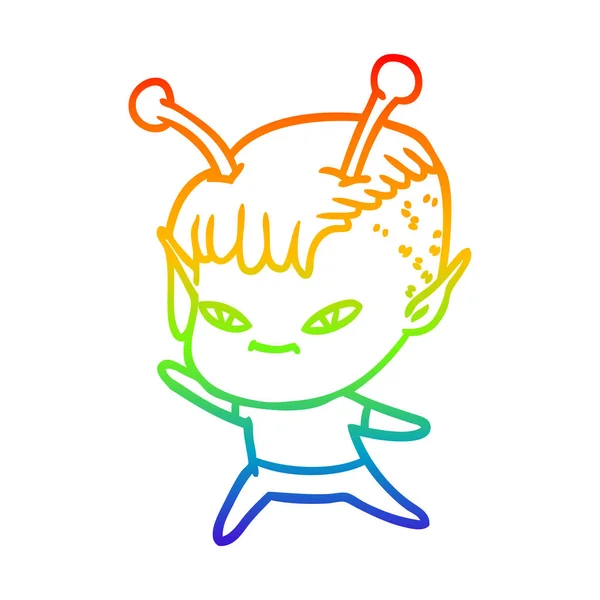 Arco-íris linha gradiente desenho bonito cartoon menina alienígena — Vetor de Stock