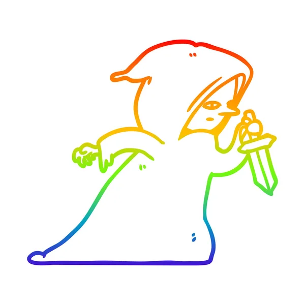 Rainbow gradient line drawing assassin in dark robe — Stock Vector