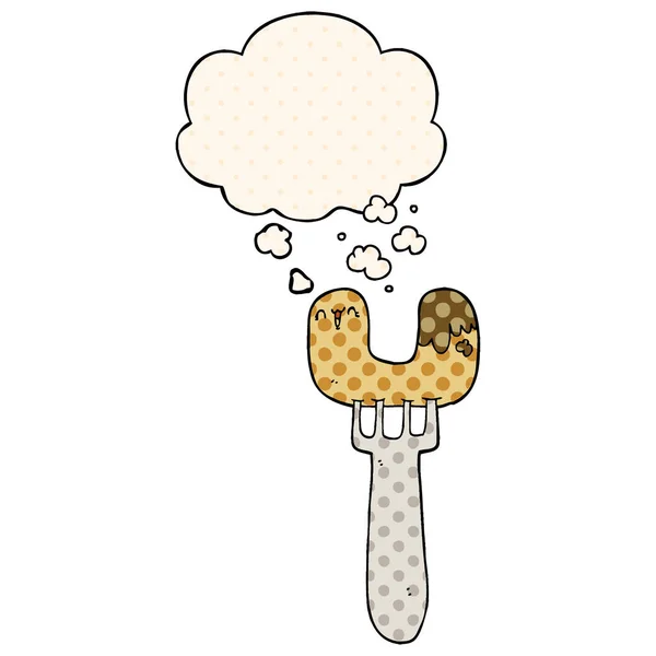 Saucisse de dessin animé sur fourchette et bulle de pensée dans le style de bande dessinée — Image vectorielle