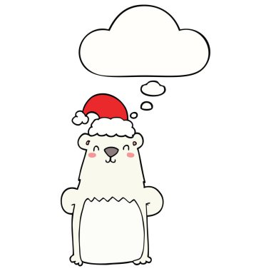 karikatür ayı noel şapka ve düşünce balonu giyen